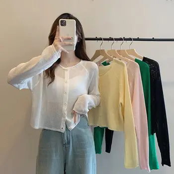 Кардиган с круглым вырезом для женщин, Корейская одежда, модный элегантный винтажный повседневный топ, винтажная однобортная футболка на пуговицах