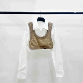 Женская рубашка 2023 Ранней осени, искусственный вязаный жилет из двух частей, Рубашка с высокой талией