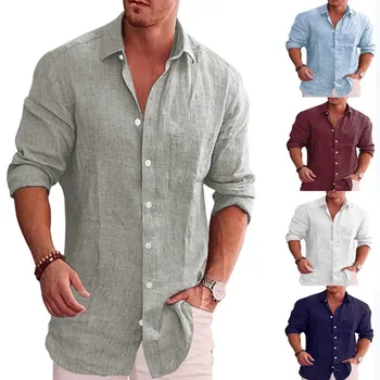 Мужская свободная однотонная рубашка, льняные рубашки с лацканами, повседневные рубашки с длинными рукавами Для мужчин