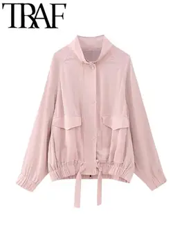 TRAF 2023 Осеннее розовое женское укороченное пальто с длинным рукавом, карманами на шнурках, на молнии, свободная куртка-бомбер оверсайз, женский топ