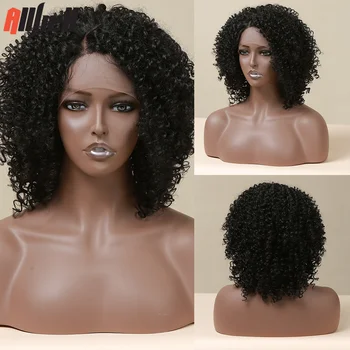 Короткие Черные Кудрявые кружевные парики спереди, Боковая часть, синтетический парик для чернокожих женщин, афро Косплей, Термостойкие женские накладные волосы