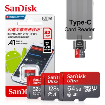 Карта памяти SanDisk 128 ГБ 64 ГБ 100 Мбит / с Карта Micro sd 256 ГБ UHS-1 Class10 32 ГБ 16 ГБ флэш-карта памяти Microsd Type-C Кард-ридер