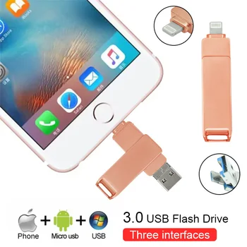 Флэш-накопитель USB 3.0 64GB 128GB для iPhone ipad/iOS Usb-накопитель Pendrive Memory 3 в 1 pendrive 32GB 256GB