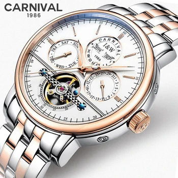 Carnival, новые модные многофункциональные механические часы для мужчин, роскошные водонепроницаемые автоматические часы с турбийоном из нержавеющей стали, мужские