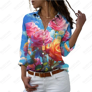 Летняя новая женская рубашка с 3D принтом розы, женская рубашка в повседневном стиле, женская рубашка в красивом стиле, модная, свободная женская рубашка