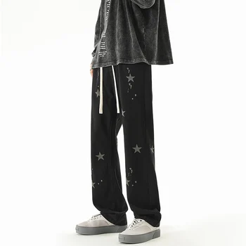 Осенью и зимой 2023 года Новые джинсы со звездным принтом Мужские в американском стиле, уличные Свободные прямые джинсовые широкие брюки Мужские