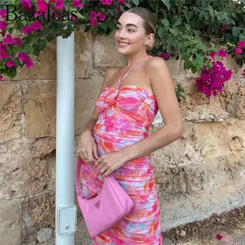bazaleas store traf 2023 Розовые тюлевые платья Миди с цветочными аппликациями, женские платья с завязками на шее, официальные платья для женщин