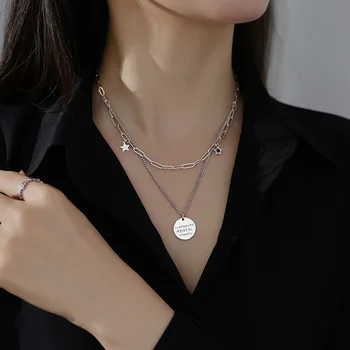 Винтажное ожерелье Женская круглая карточка с буквами, цепочка для свитера, двухслойная циркониевая звезда, цепочка для воротника в стиле Хип-хоп