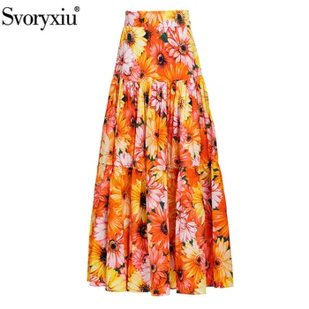 Svoryxiu Высококачественная модная дизайнерская летняя хлопковая юбка-полукомбинезон с цветочным принтом, Высокая талия, Тонкая великолепная юбка миди для вечеринки