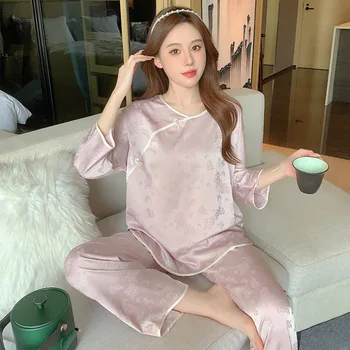 Комплект из двух предметов, женская домашняя одежда, домашняя одежда в китайском стиле, пижамы с круглым вырезом, Модный домашний костюм, Пижама Женская