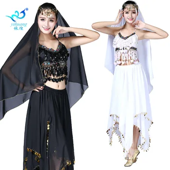 1 компл./лот, женские костюмы для танца живота, женская верхняя юбка для индийских танцев и головные уборы