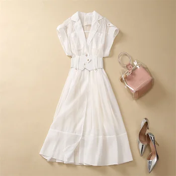 Высококачественное Новое Белое платье 2023, Летнее Модное Женское платье с зубчатым воротником, пояс в стиле деко, пальто средней длины с коротким рукавом, наряды для одежды