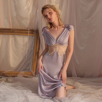 Сексуальная пижама Французская романтическая сексуальное женское платье с глубоким V-образным вырезом и кружевной талией для похудения, домашняя длинная ночная рубашка