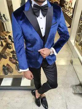 Модные Мужские костюмы из Королевского синего Бархата для Свадьбы, Смокинг Жениха, 2 предмета, Модный Комплект На Заказ, Куртка (Синяя куртка + Черные брюки)