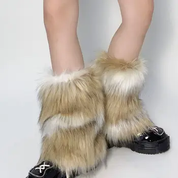 2023 Зимние коричневые меховые гетры Y2k, Меховые сапоги, Носки для женщин и девочек в стиле панк-хип-хоп, Теплый расклешенный носок для ног