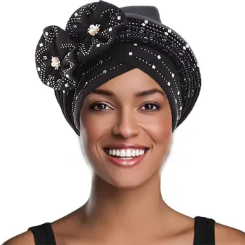 Новый африканский цветок-тюрбан, Черная Предварительно повязанная повязка на голову, Сверкающие бриллианты, шапочка-чепчик, тюрбан-повязки на голову для женщин