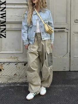 XNWMNZ Женская мода 2023, Брюки-карго с цветным блоком, женские винтажные эластичные брюки с высокой талией и завязками на подоле, Универсальные женские брюки