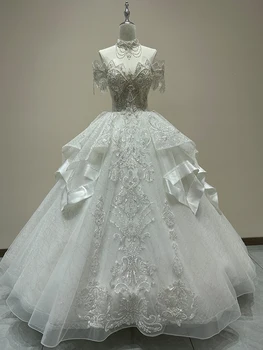 2023 Новое роскошное свадебное платье с вырезом лодочкой, расшитое бисером, Аппликация на шнуровке, Свадебное платье, бальное платье Vestido De Noiva, Плюс размер, изготовленный на заказ