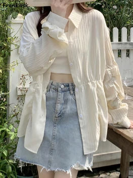Рубашки в складку, женская летняя солнцезащитная универсальная уличная одежда в японском стиле, свободная однотонная повседневная одежда для отдыха, элегантное ретро