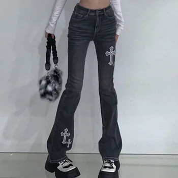 Шикарные джинсовые брюки в готическом стиле Харадзюку с высокой талией, женская уличная одежда, Y2k, вышивка крестом, тонкие расклешенные брюки, женские винтажные джинсовые брюки