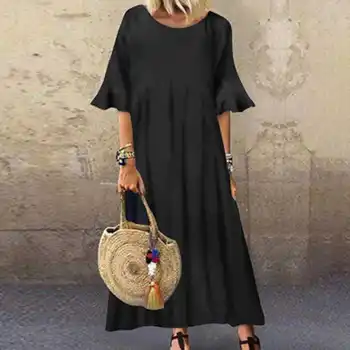 Летняя женская одежда Повседневные черные платья Из хлопка и льна Свободные элегантные платья с рукавами