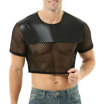Мужская верхняя футболка, сексуальная и провокационная, прозрачная, с круглым вырезом, большой топ, дышащая и сексуальная верхняя одежда
