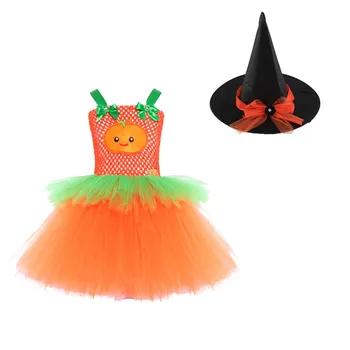 Малыши для девочек, ролевая игра в тыкву на Хэллоуин, необычный праздничный костюм, сетчатое платье с коротким рукавом и цветочным рисунком, праздничное платье для девочек
