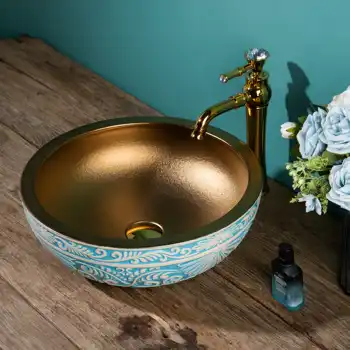 Фарфоровая столешница для ванной комнаты в европейском стиле ручной работы, умывальник, керамический сосуд, чаша для раковины, золотой смеситель для слива