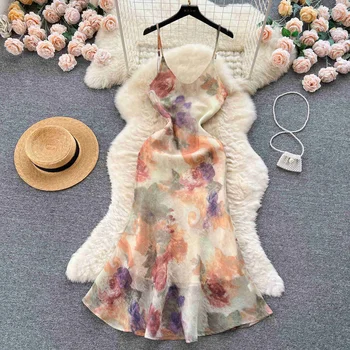 Летняя мода 2023 года, платье на подтяжках с принтом масляной живописи для женщин, элегантное пляжное платье с V-образным вырезом, без рукавов, без спинки, тонкое платье-русалка