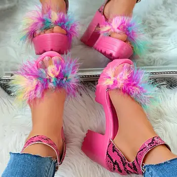 FEMALEAN/ Женский мех, лето 2023, розовые, черные босоножки на платформе с круглым носком, туфли-лодочки на высоком каблуке, бесплатная доставка, женская обувь В наличии