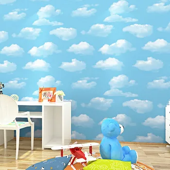 Обои с голубым небом и белыми облаками для детской спальни Рулон обоев в полоску для детской комнаты, наклейки на потолок и крышу, декор для дома