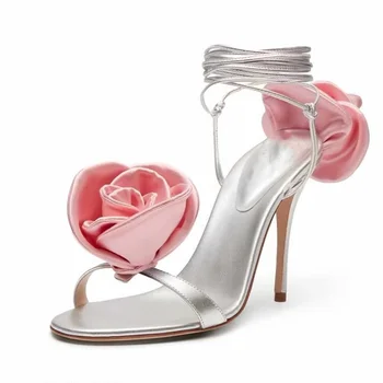 Летние новые цельнокроеные босоножки с круглым носком и цветочным ремешком, банкетное платье на тонком высоком каблуке, универсальная модная женская обувь большого размера