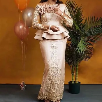 Большие размеры, арабское платье Aso Ebi, кружево цвета шампанского, сексуальное платье для матери невесты, официальная вечеринка, свадебная мода, длинные рукава, футляр