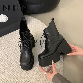 Женские ботинки NIUFUNI на платформе и толстом каблуке, черные короткие ботильоны-трубки, Женская обувь из натуральной кожи, боковая молния, шнуровка, черный