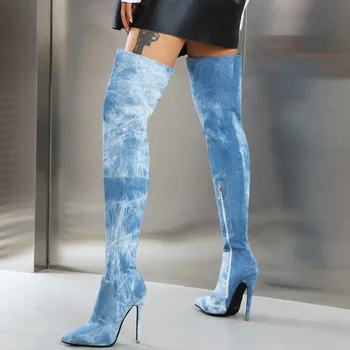 【ENMAYER】 Модные женские ботинки На высоком каблуке, весенние ботфорты выше колена с открытым носком, джинсовые сапоги на высокой шпильке, ковбойские женские ботинки