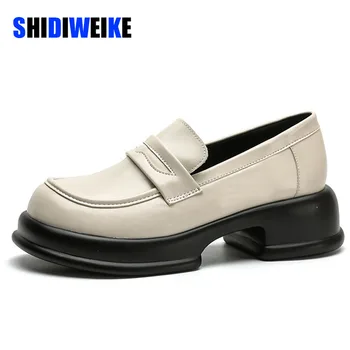 SDWK/ Лоферы из натуральной кожи 5 см, Женская обувь на среднем каблуке С круглым носком, Женская повседневная обувь, Оксфорды, Женская обувь на платформе, AD4202