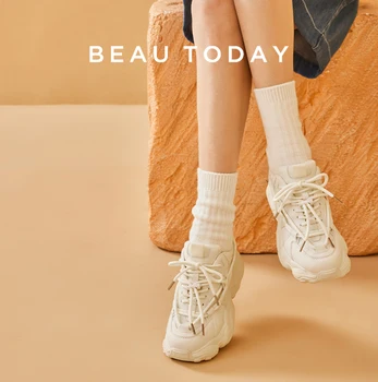 BeauToday/ Массивные кроссовки, женские сетчатые лоскутные однотонные украшения на шнурках, женская повседневная обувь на толстой подошве ручной работы 29393S