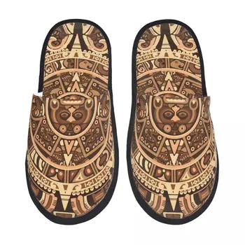 Пушистые тапочки с Календарем Майя, принтом ацтекских иероглифов, плюшевые тапочки-горки с открытым носком, зимняя домашняя обувь