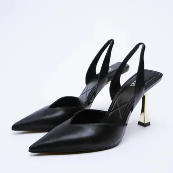 ZA2023 Новая женская обувь натурального цвета с металлическим открытым каблуком, элегантные туфли на высоком каблуке