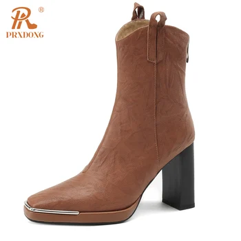 PRXDONG/ Обувь из натуральной кожи, женские ботильоны на высоком каблуке и платформе, черное коричневое платье на молнии, осенне-зимняя теплая обувь, 39