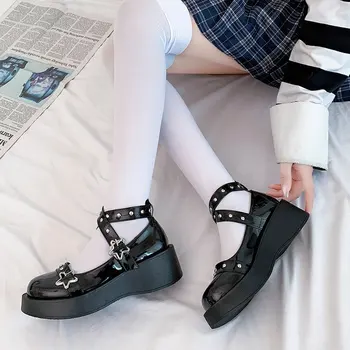 Туфли в стиле Лолиты со звездной пряжкой Mary Janes Женская платформа с перекрестной шнуровкой, лакированная кожа, заклепки для девочек, Повседневная маленькая кожаная обувь на платформе 2023