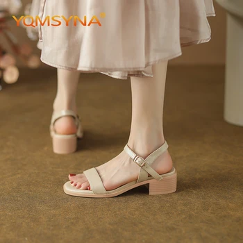 YQMSYNA/ Повседневные женские босоножки из натуральной кожи, Римские сандалии с пряжкой на ремне в одно слово, Офисные женские туфли на квадратном каблуке AS01
