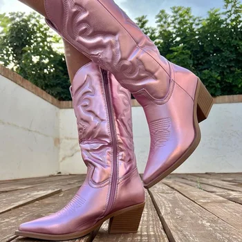 Женские ковбойские розовые сапоги-ковбойки GOGD для модных женщин с застежкой-молнией и острым носком на массивном каблуке до середины икры в западном стиле, блестящая обувь