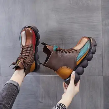 Новые осенние ботинки, женская разноцветная обувь, модные повседневные женские короткие ботинки на плоской платформе с круглым носком на шнуровке