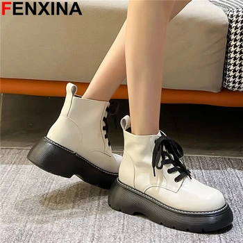 FENXINA/ модные ботильоны из коровьей кожи, женские короткие ботинки на платформе со шнуровкой, осенне-зимняя женская обувь