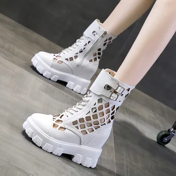 Женские летние ботильоны на платформе, дышащие сетчатые массивные кроссовки, модные женские туфли на высоком каблуке 10 см, элегантные полые ботинки на шнуровке