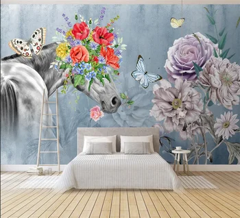 Индивидуальные обои Лошадь цветок бабочка Фото спальня Детская комната фон обои домашний декор