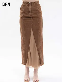 BPN Минималистичные джинсовые юбки Soild Для женщин с высокой талией и карманами в стиле пэчворк Для похудения, Длинная облегающая юбка с разрезом, Новинка женской моды
