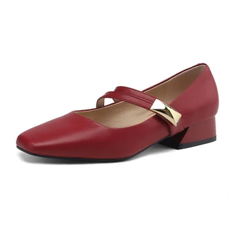 2023 Новая Женская обувь из спилка, летняя обувь в стиле ретро, Бежевый, Винно-красный, Серебристый, квадратный носок, массивные каблуки, Модные повседневные женские туфли-лодочки