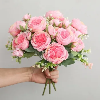 5 Больших головок, 4 Маленьких Бутона, Розовый Пион, Искусственные цветы, Белая роза, Букет невесты, искусственный цветок, сделай сам для украшения дома на свадьбе